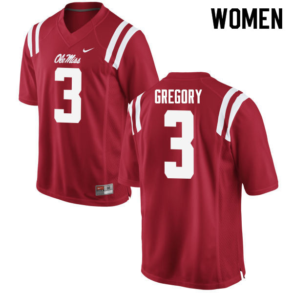 DeMarcus Gregory Ole Miss Rebels NCAA Women's Red #3 Stitched Limited College Football Jersey MDS7558TI